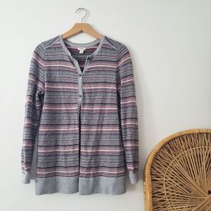 L.L. Bean Cotton Cashmere Blend Fair Isle Cardigan Gray Black Pink White S